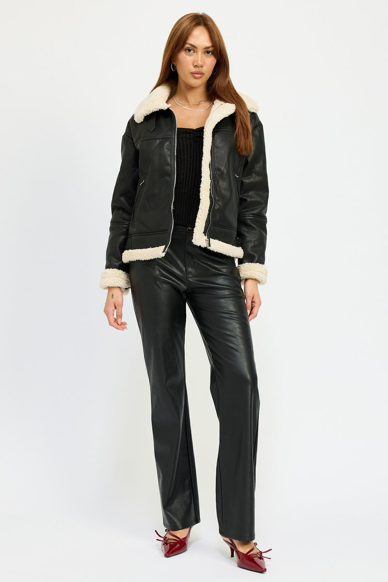 FAUX LEATHER SHEARLING MOTO JACKET - BLACK
