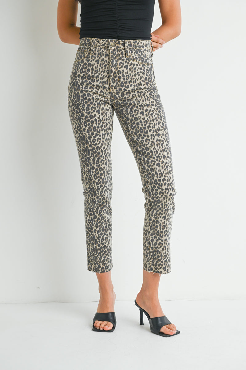 HIGH WAISTED SLENDER STRAIGHT LEG JEANS - LEOPARD