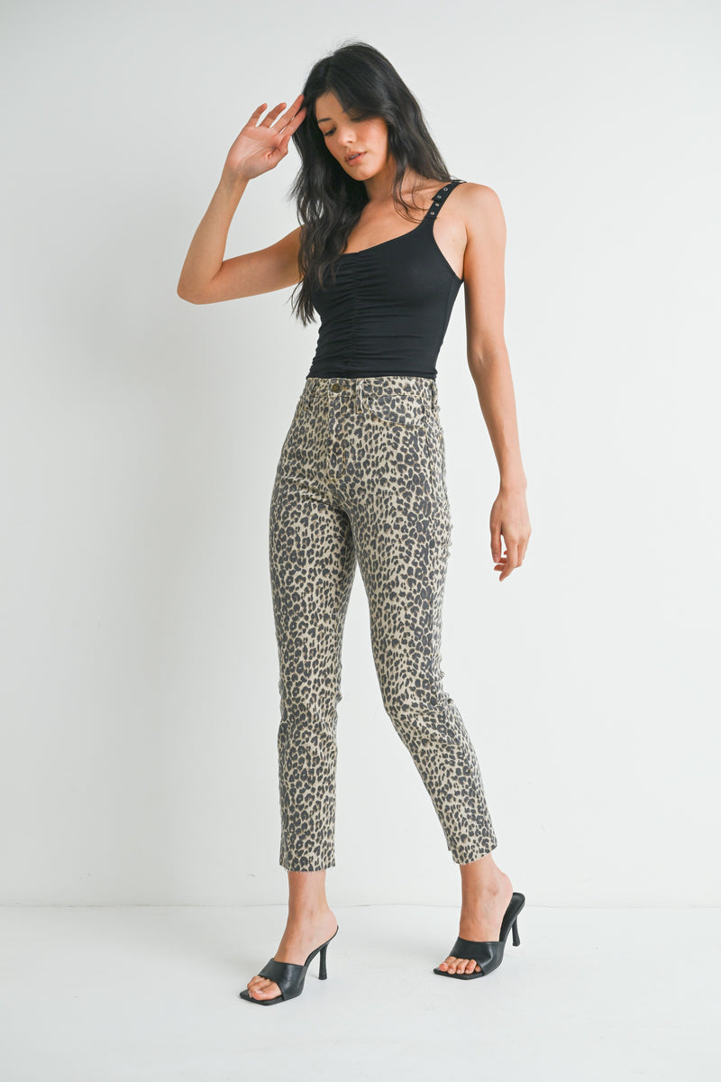 HIGH WAISTED SLENDER STRAIGHT LEG JEANS - LEOPARD