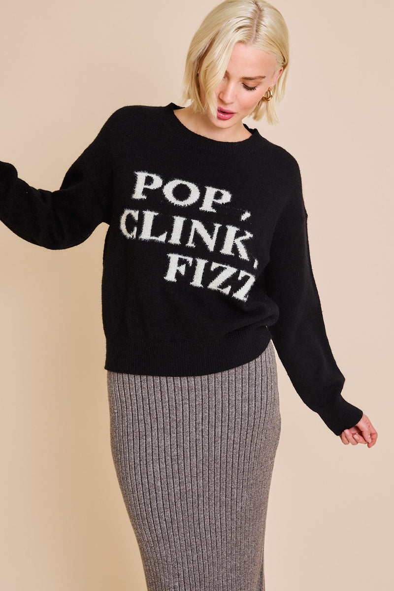 POP, CLINK, FIZZ TINSEL SWEATER - BLACK