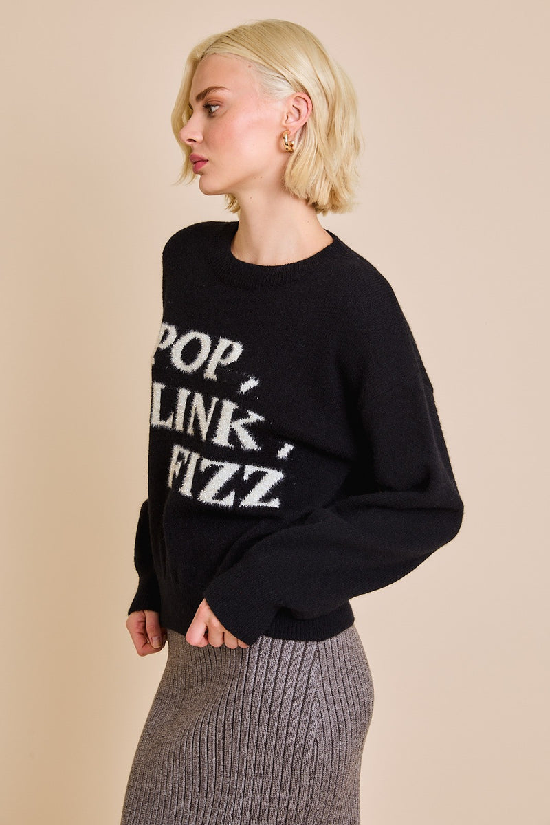 POP, CLINK, FIZZ TINSEL SWEATER - BLACK