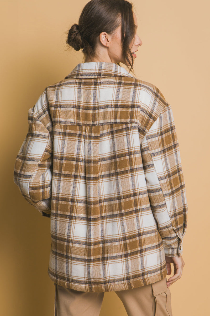 SHERPA LINED PLAID SHACKET - CAMEL