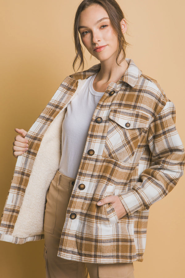 SHERPA LINED PLAID SHACKET - CAMEL