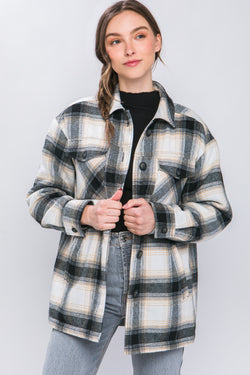 SHERPA LINED PLAID SHACKET - BLACK