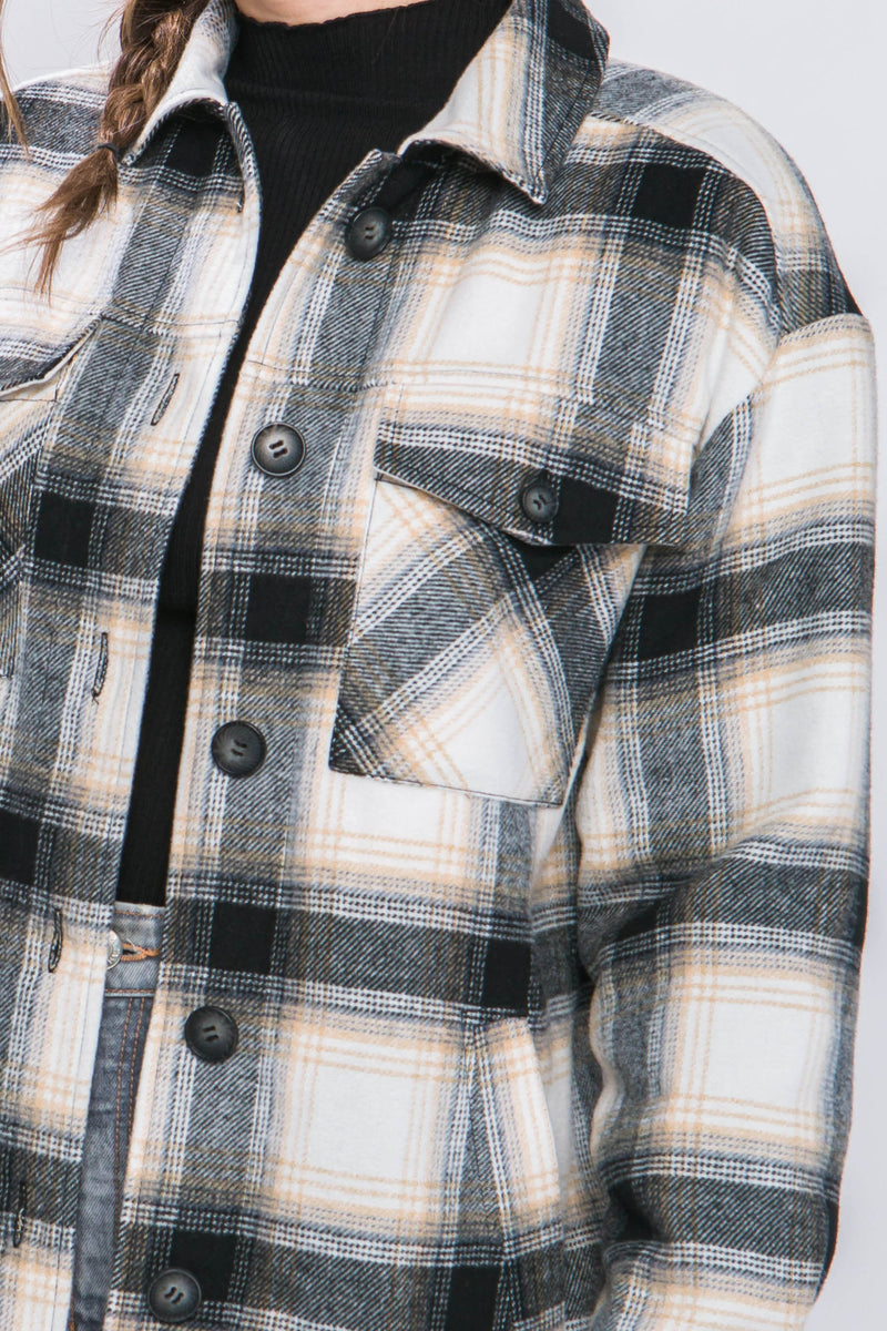 SHERPA LINED PLAID SHACKET - BLACK