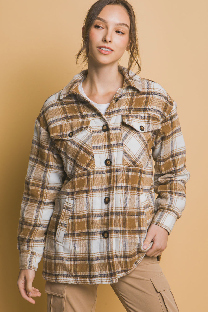 SHERPA LINED PLAID SHACKET - CAMEL