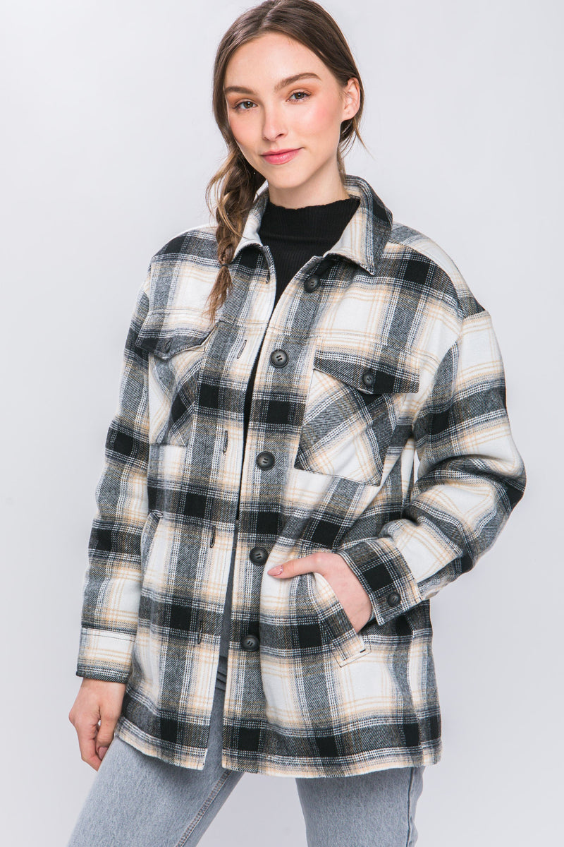 SHERPA LINED PLAID SHACKET - BLACK