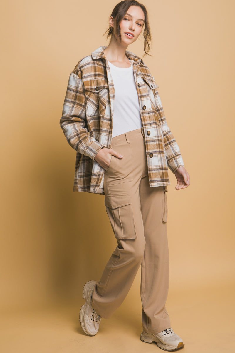 SHERPA LINED PLAID SHACKET - CAMEL