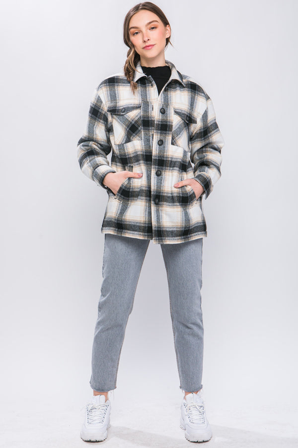 SHERPA LINED PLAID SHACKET - BLACK