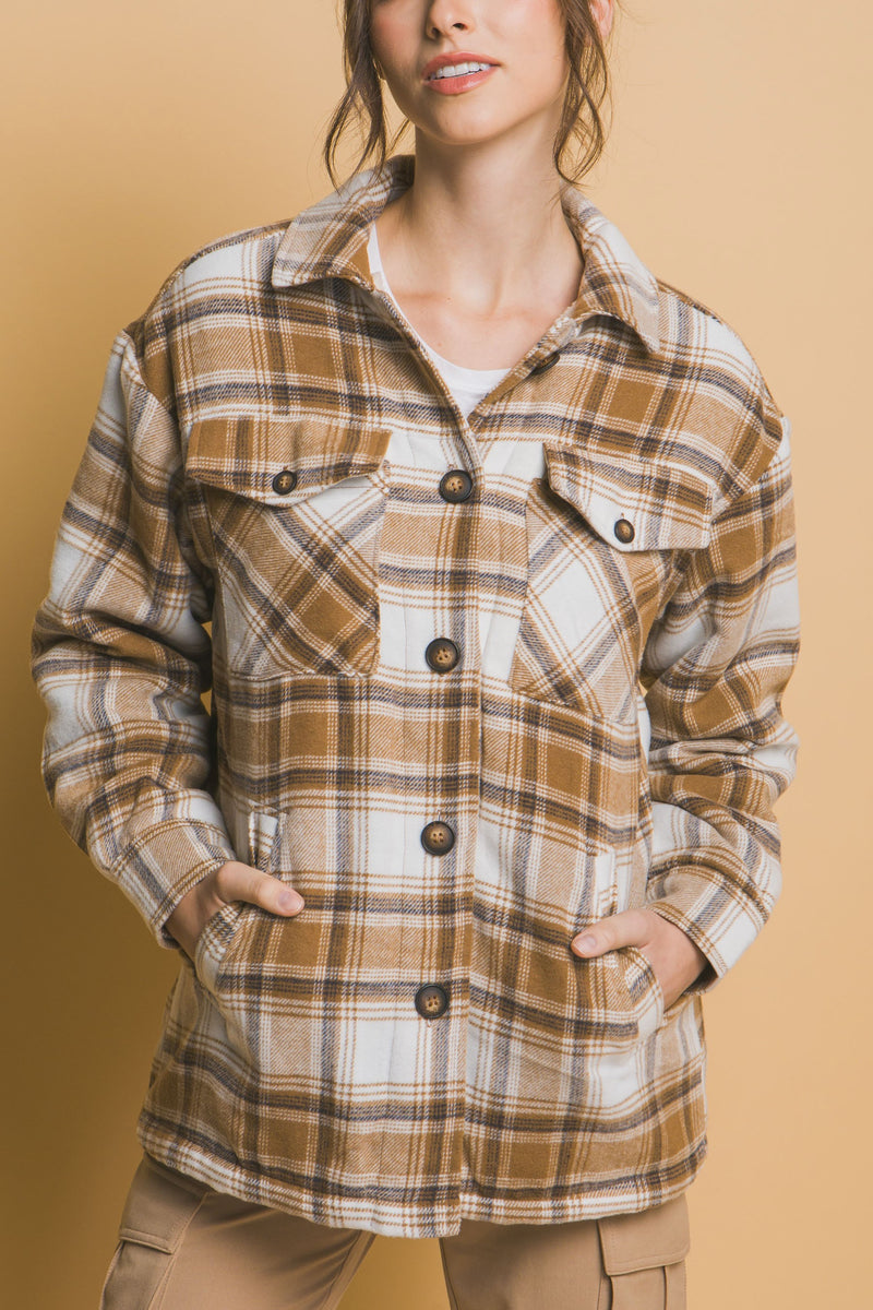 SHERPA LINED PLAID SHACKET - CAMEL