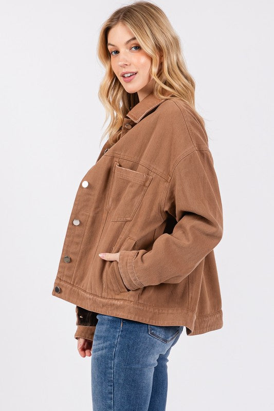 TWILL DISTRESSED JACKET - CAMEL