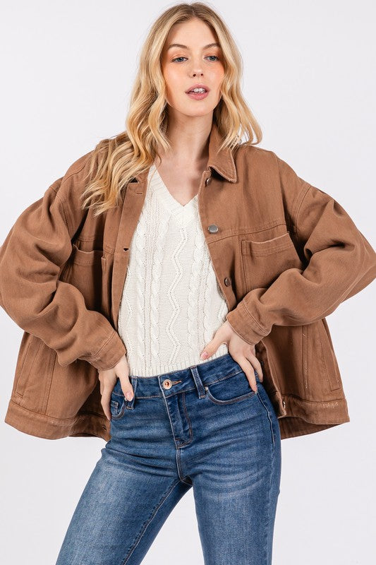 TWILL DISTRESSED JACKET - CAMEL