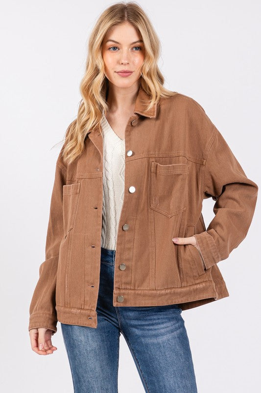 TWILL DISTRESSED JACKET - CAMEL