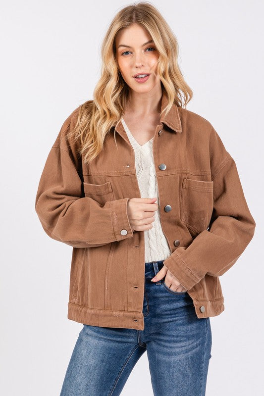 TWILL DISTRESSED JACKET - CAMEL