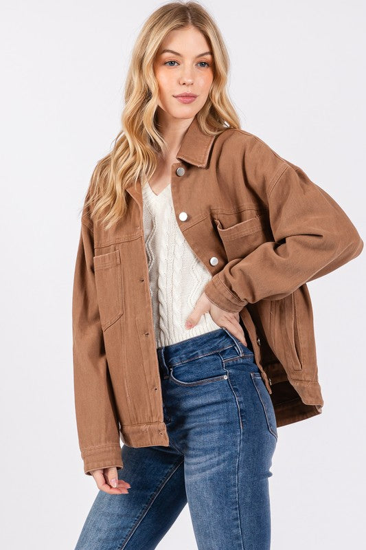 TWILL DISTRESSED JACKET - CAMEL