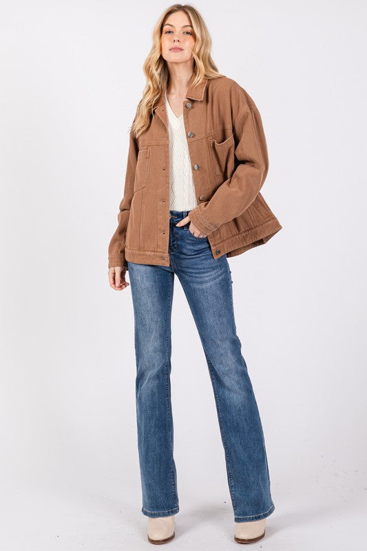 TWILL DISTRESSED JACKET - CAMEL