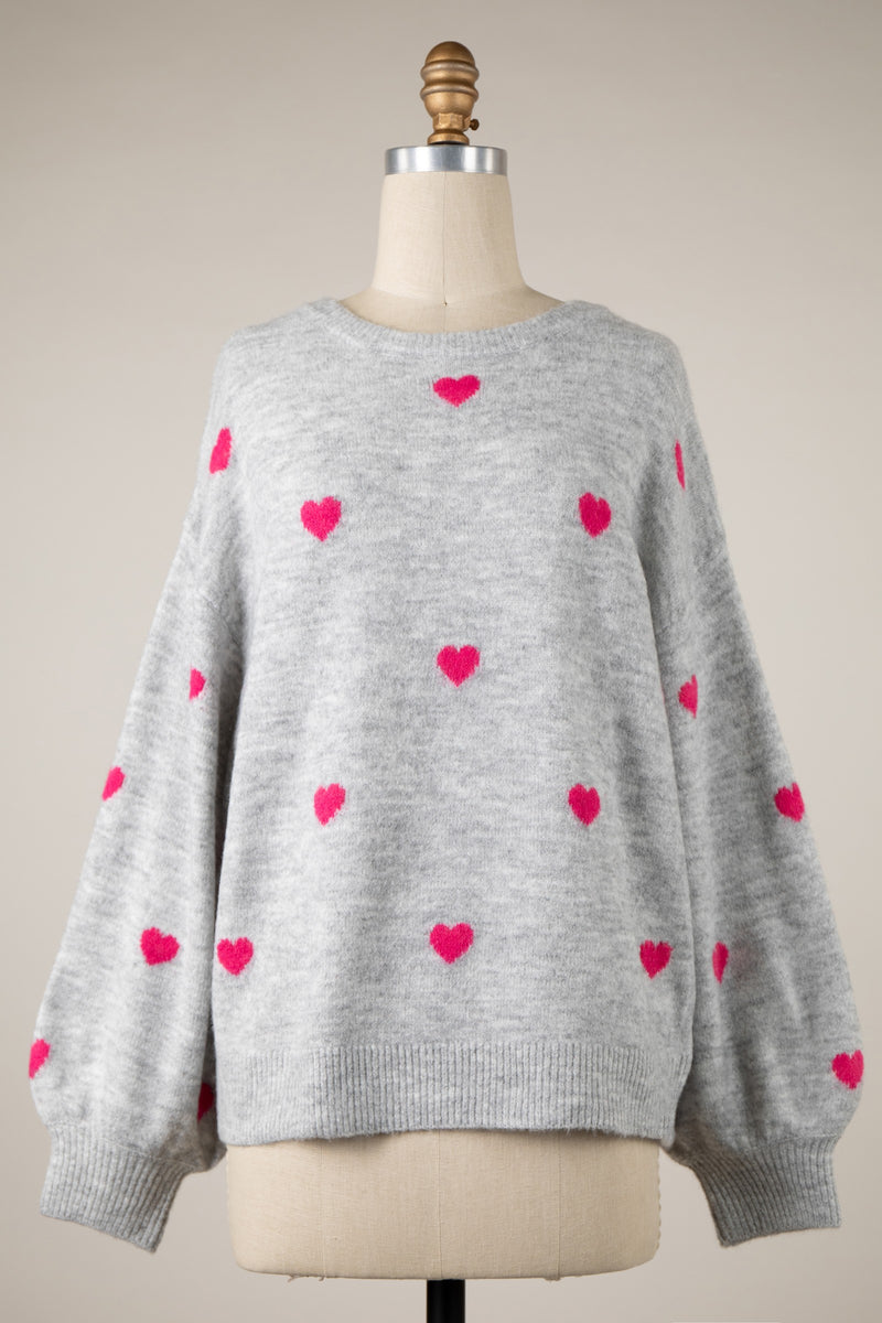 HEART PATTERNED OVERSIZED SWEATER - SILVER-PINK