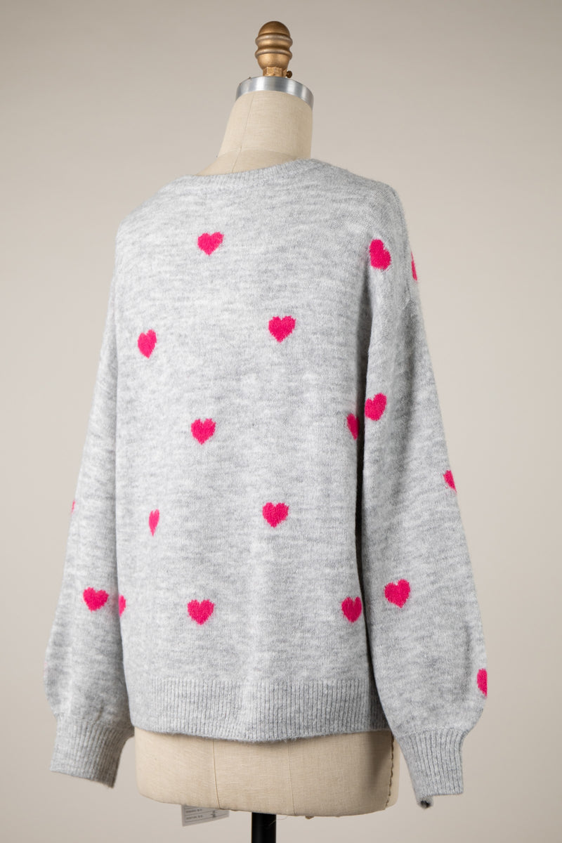 HEART PATTERNED OVERSIZED SWEATER - SILVER-PINK