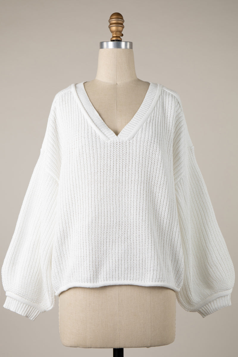 V NECK  DROPPED SHOULDER SWEATER - WHITE