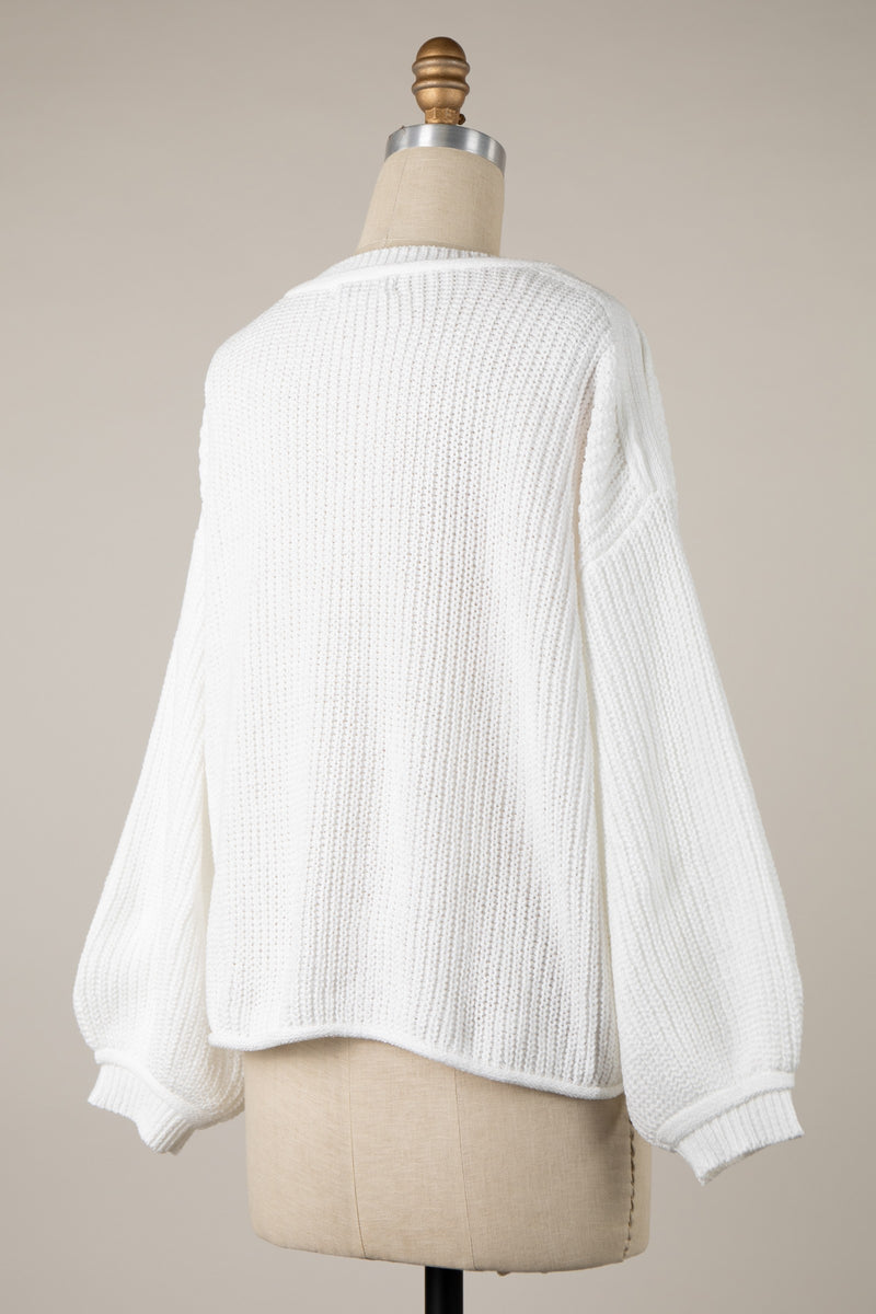 V NECK  DROPPED SHOULDER SWEATER - WHITE