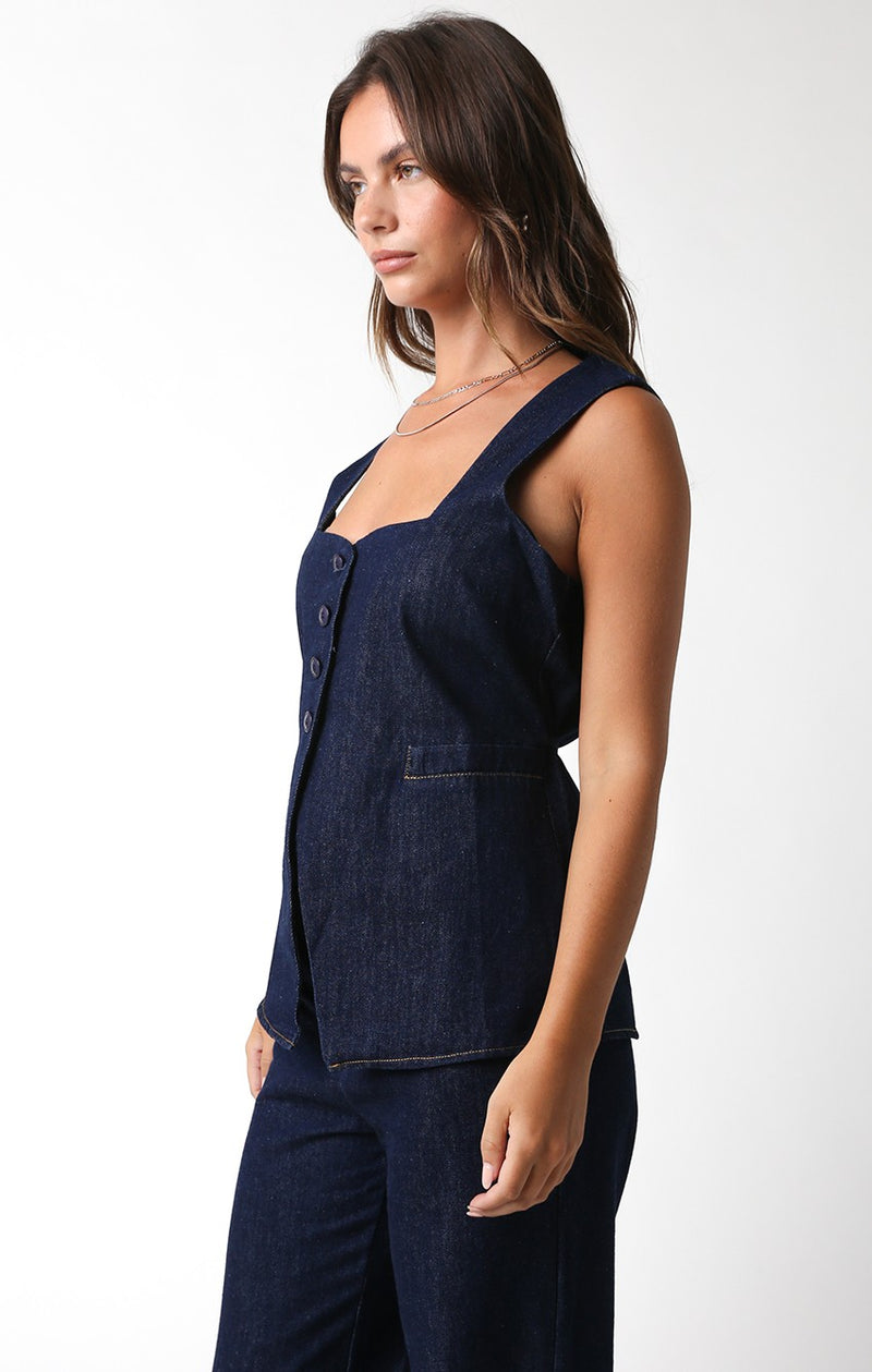 LONGLINE DENIM VEST - DARK DENIM