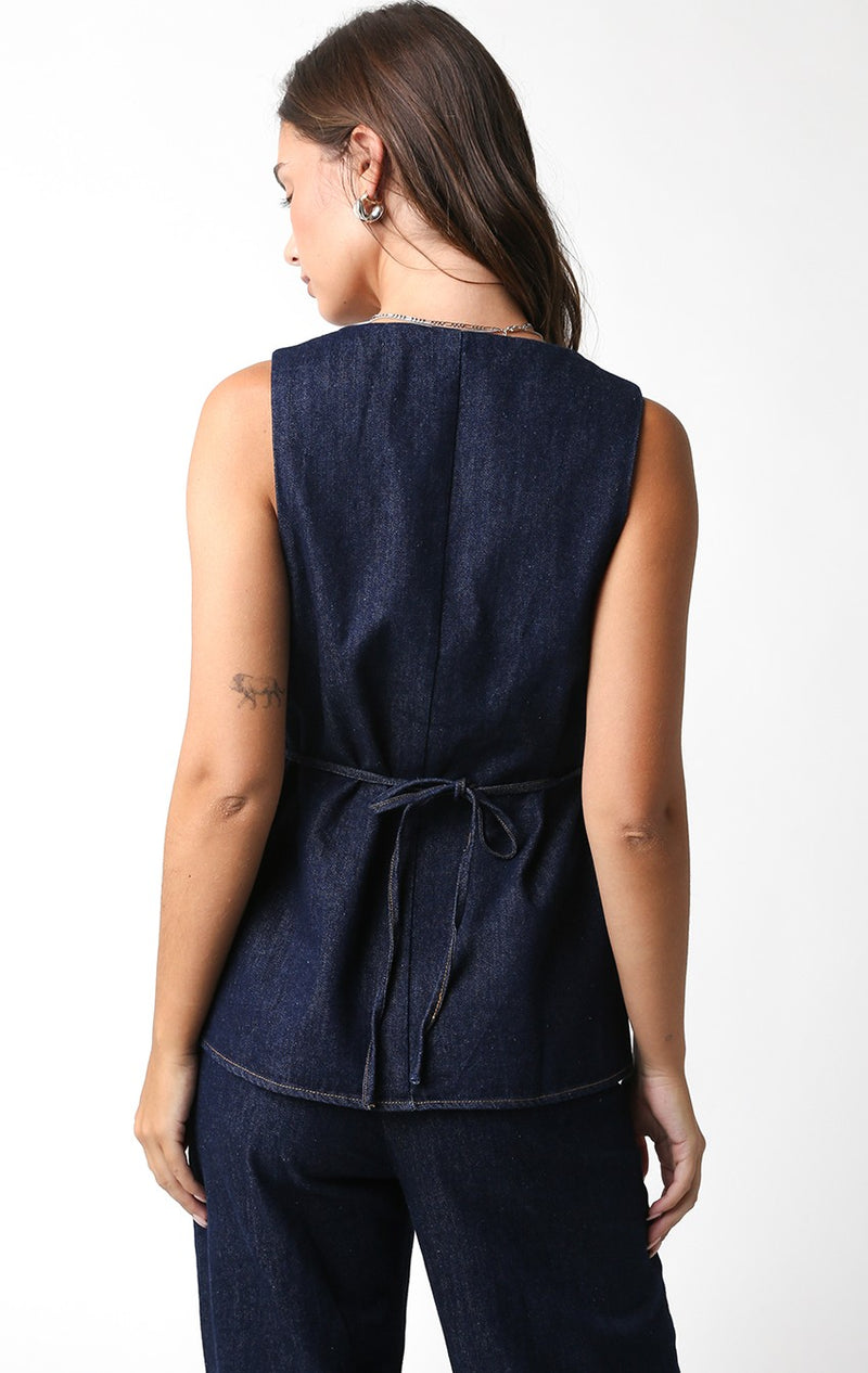 LONGLINE DENIM VEST - DARK DENIM