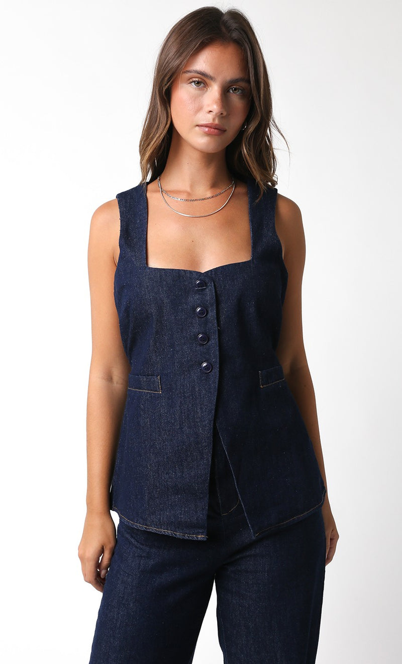 LONGLINE DENIM VEST - DARK DENIM