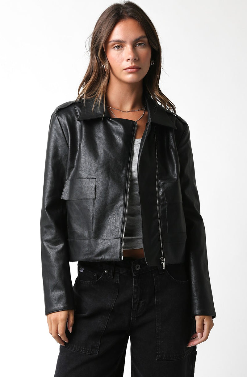 STEPHANIE FAUX LEATHER JACKET - BLACK