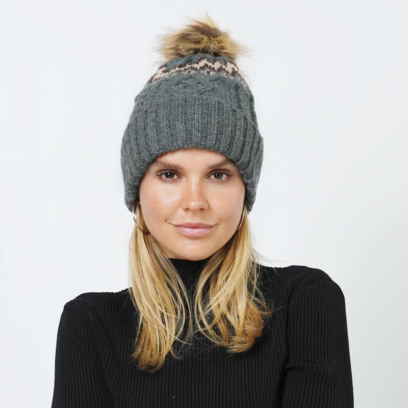 SWEATER KNIT POM BEANIE - GREY