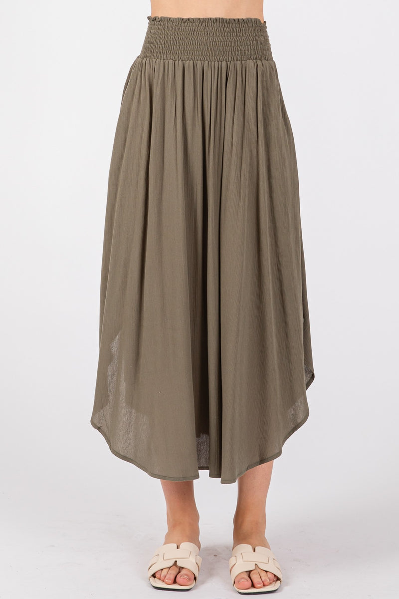 HEAVY GAUZE SMOCKED WAIST MAXI SKIRT - VINTAGE OLIVE