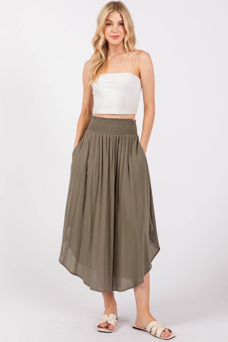 HEAVY GAUZE SMOCKED WAIST MAXI SKIRT - VINTAGE OLIVE