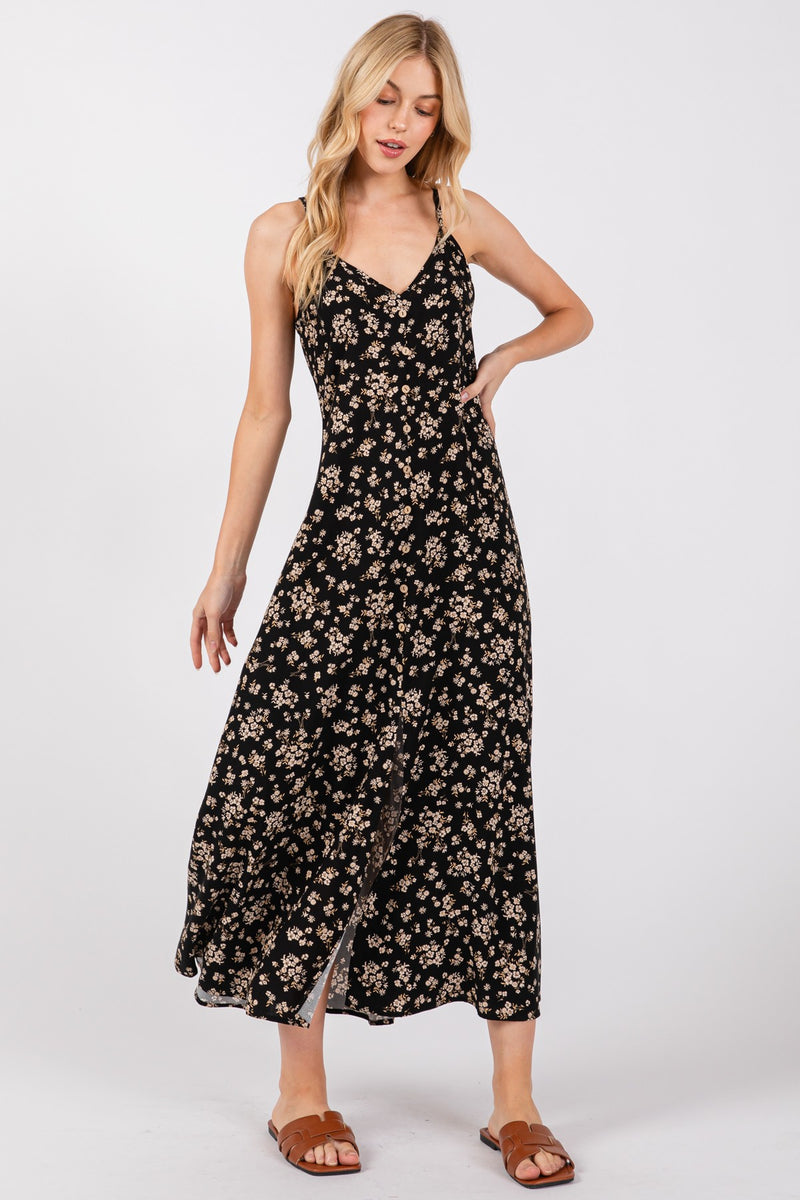 BUTTON TRIM MAXI DRESS- BLACK