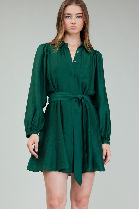 BUTTON FRONT MINI DRESS - JEWEL GREEN