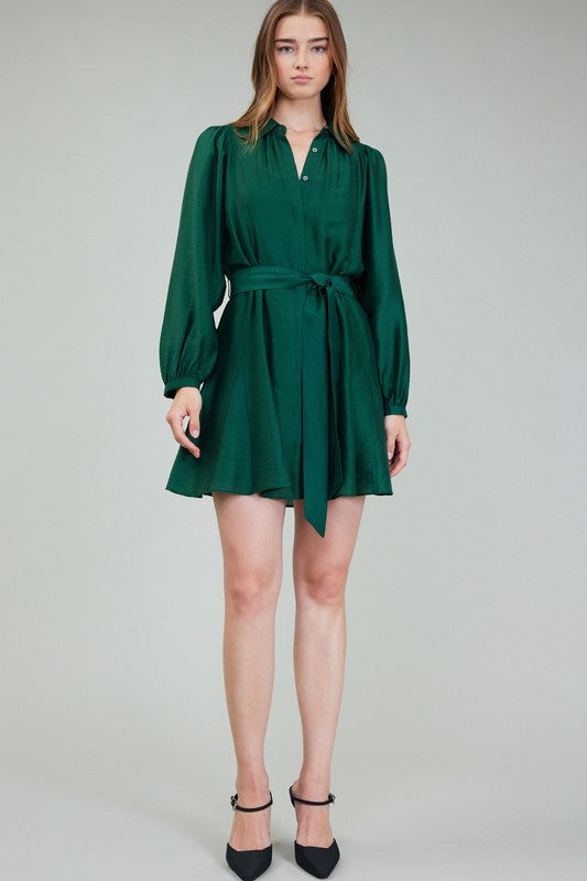 BUTTON FRONT MINI DRESS - JEWEL GREEN