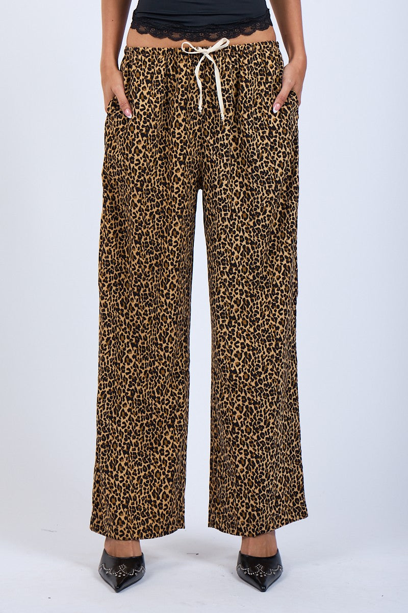 LEOPARD PRINT TIE WAIST PANT -  BLACK/TAN