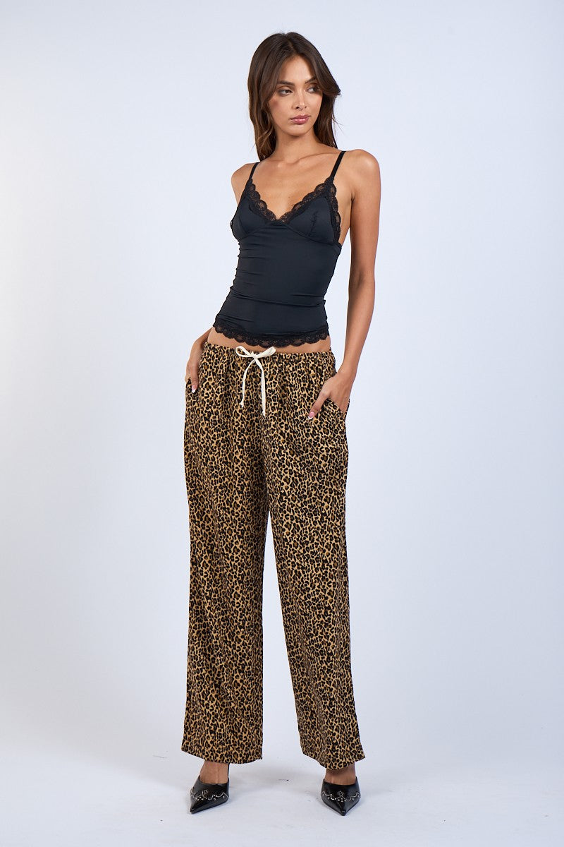 LEOPARD PRINT TIE WAIST PANT -  BLACK/TAN