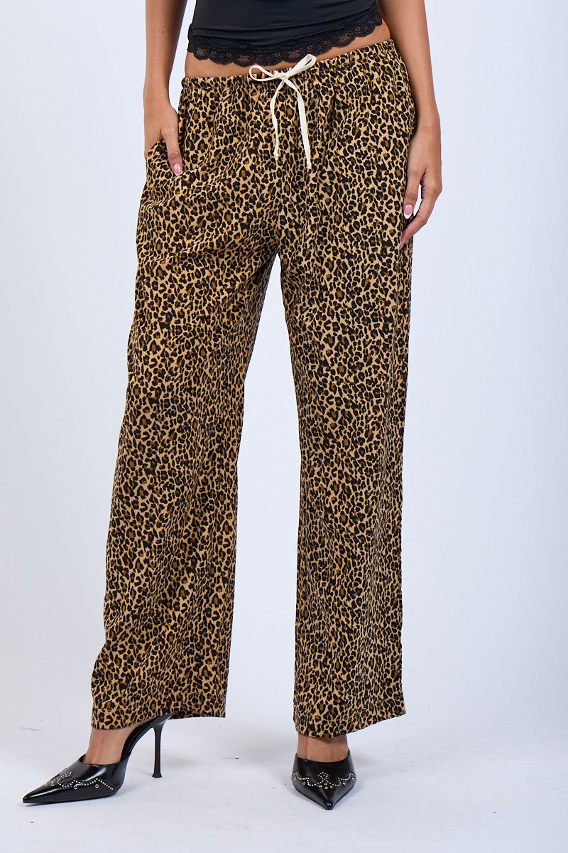 LEOPARD PRINT TIE WAIST PANT -  BLACK/TAN