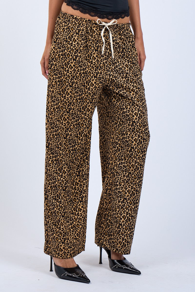 LEOPARD PRINT TIE WAIST PANT -  BLACK/TAN