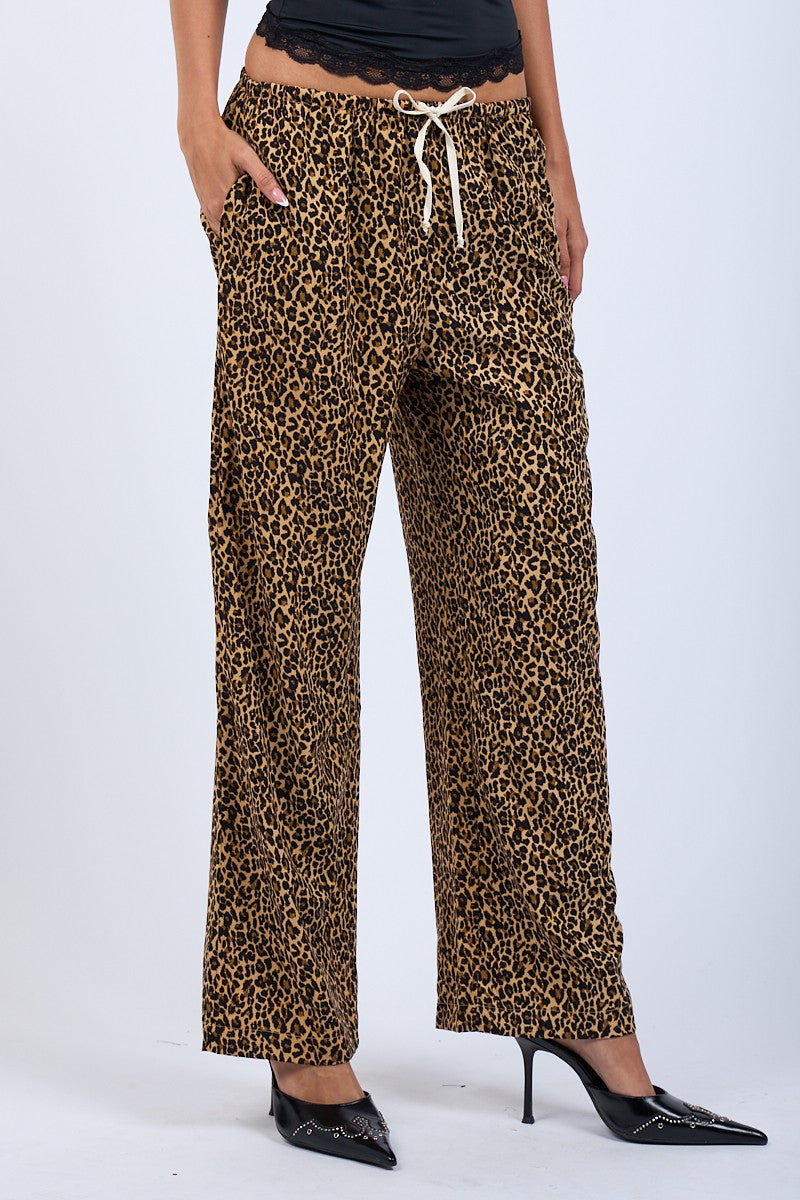 LEOPARD PRINT TIE WAIST PANT -  BLACK/TAN