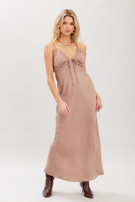 OPEN BACK SATIN MAXI DRESS - MOCHA