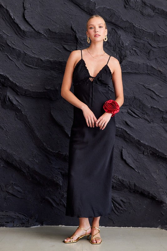 OPEN BACK SATIN MAXI DRESS - BLACK