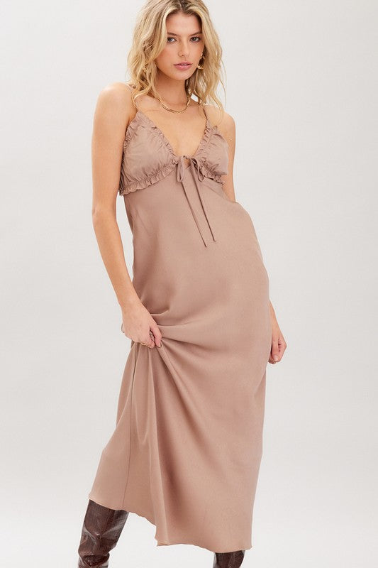 OPEN BACK SATIN MAXI DRESS - MOCHA