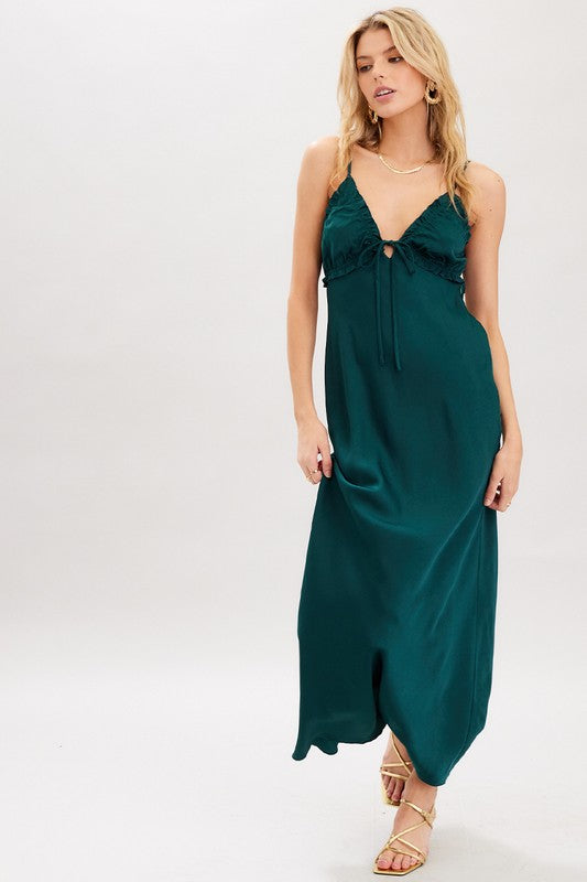 OPEN BACK SATIN MAXI DRESS - EMERALD