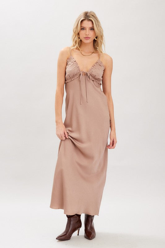 OPEN BACK SATIN MAXI DRESS - MOCHA
