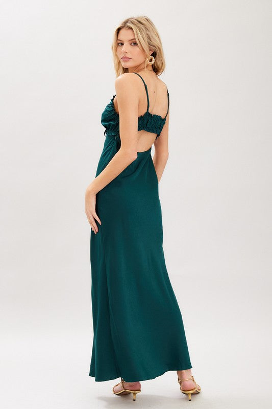 OPEN BACK SATIN MAXI DRESS - EMERALD