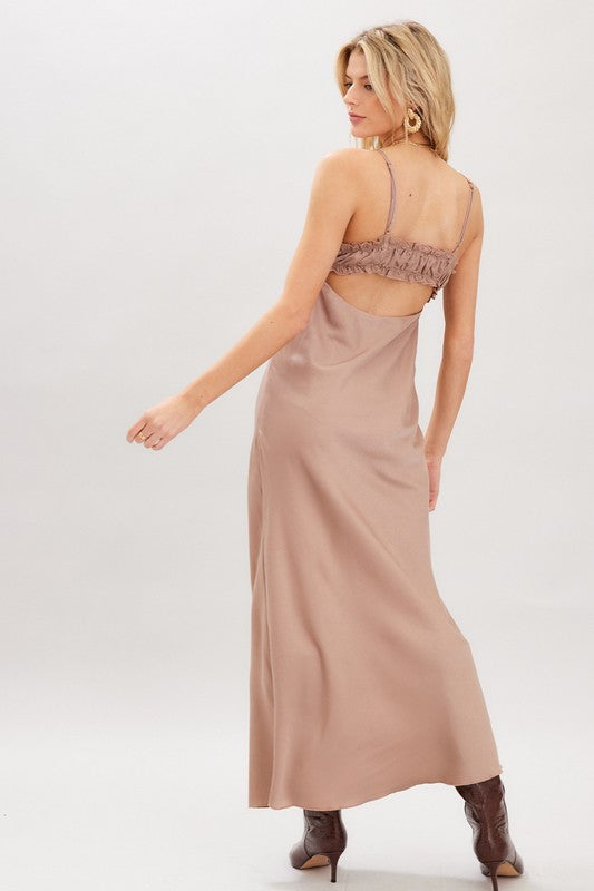 OPEN BACK SATIN MAXI DRESS - MOCHA