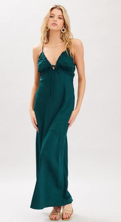 OPEN BACK SATIN MAXI DRESS - EMERALD