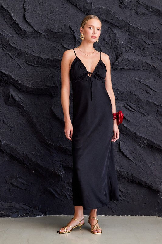 OPEN BACK SATIN MAXI DRESS - BLACK