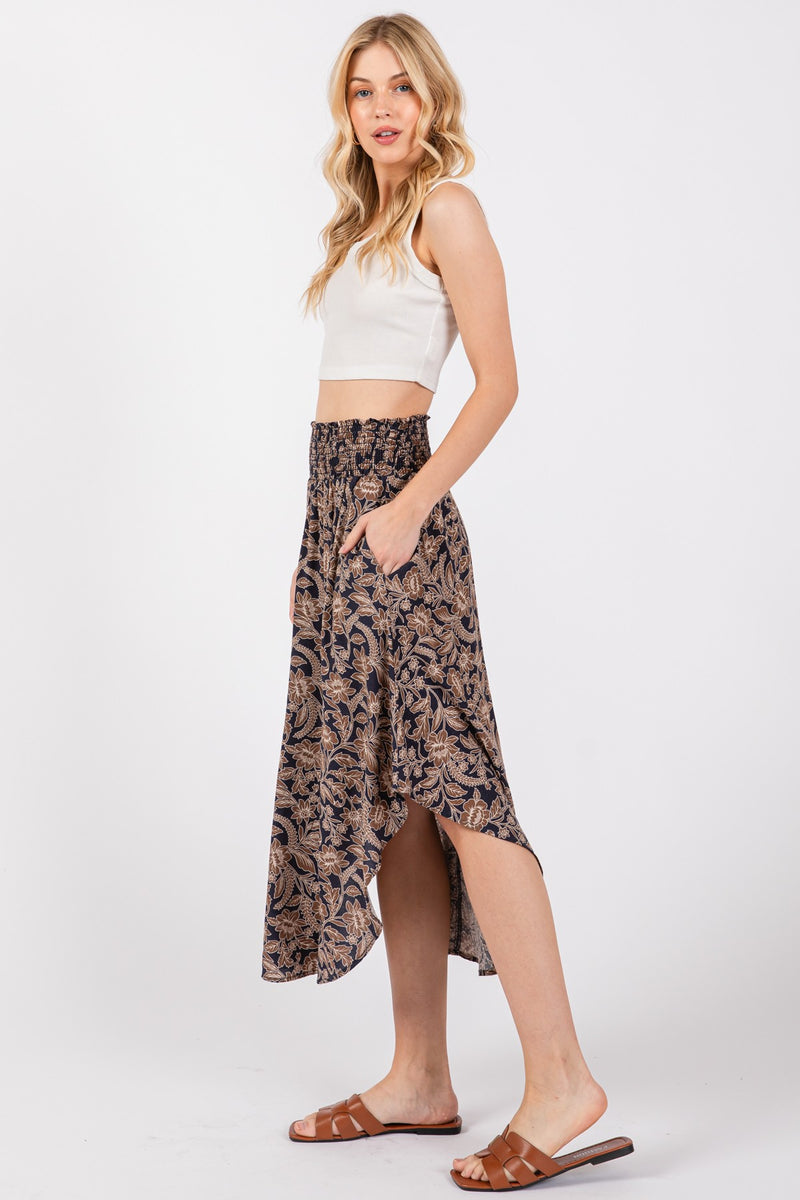 FLORAL PRINT SMOCKED WAIST MIDI SKIRT - INK COMBO