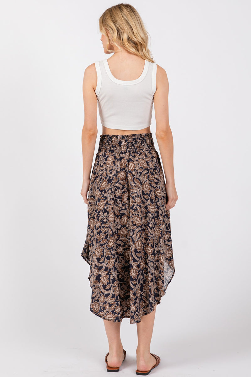 FLORAL PRINT SMOCKED WAIST MIDI SKIRT - INK COMBO